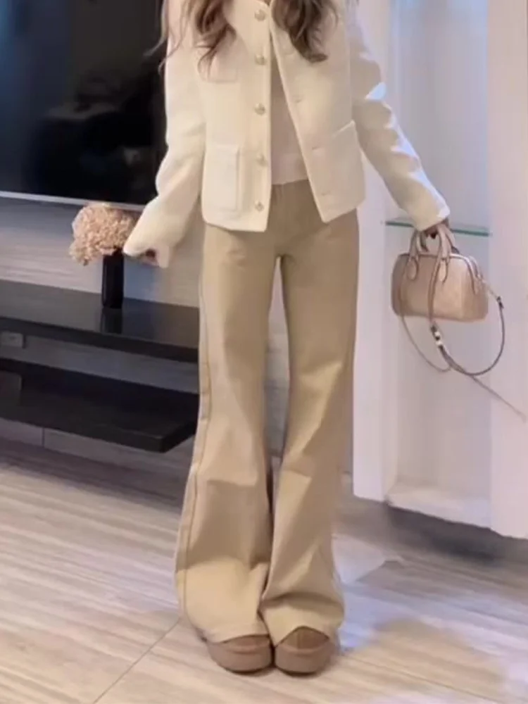 

Большие размеры, хаки, свободные женские джинсы, брюки-клеш с высокой талией, повседневная одежда, удобные широкие брюки, осенняя коллекция