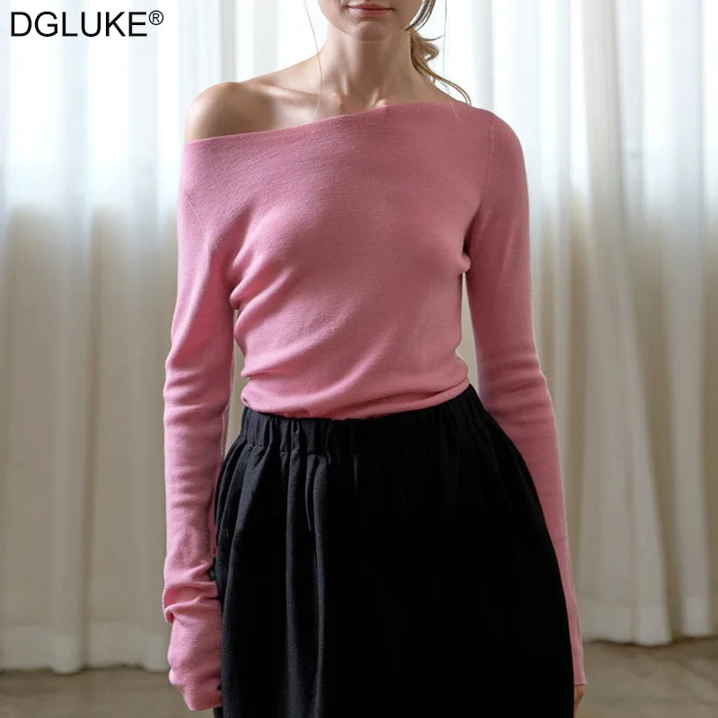 

DGLUKE Slash Neck Cashmere Sweater Women Autumn Winter Warm Cozy Sweaters Off Shoulder Long Sleeve Top Knitted Pullover Jumper