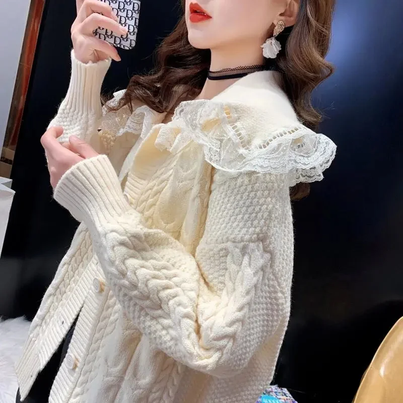 2023 New Versatile Autumn Winter New Doll Neck Sweater Coat Women\'s Loose Versatile Korean Version Lazy Fashion Knitted Cardigan