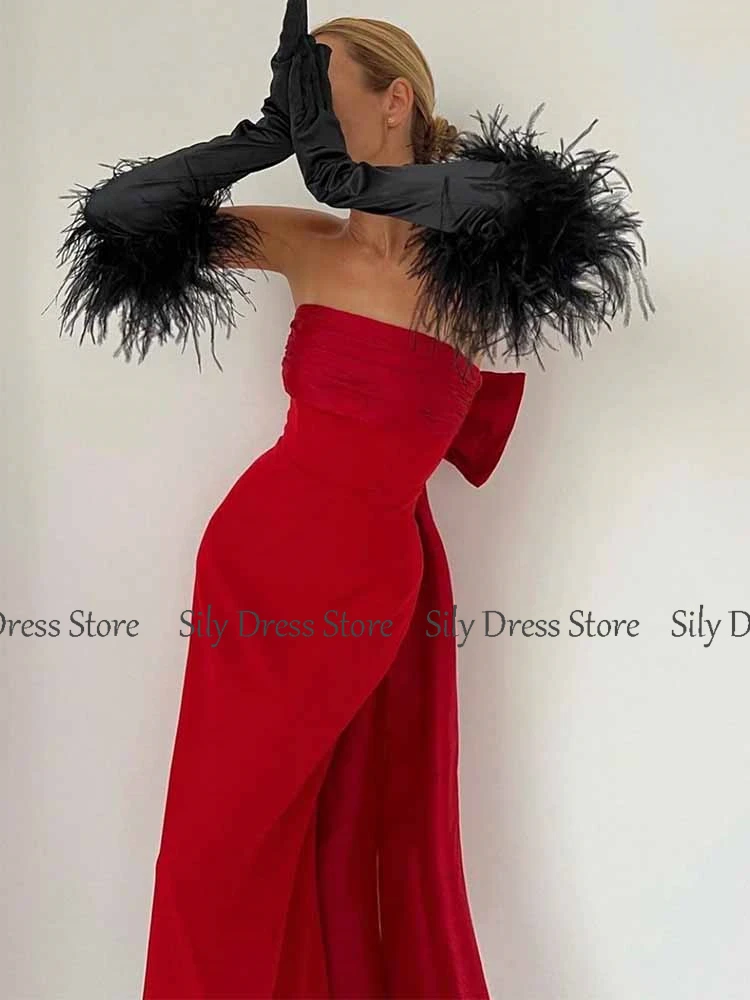 فساتين حفلات الكوكتيل النسائية الحديثة جيرسي غمد/عمود فستان عيد الحب عنابي بدون حمالات بفيونكة سبليت فساتين لحضور الحفلات الموسيقية ميدي