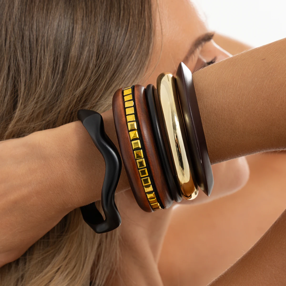 SHIXIN 5 Pcs/Set Exaggerated Acrylic Wooden Round Bangles Women Vintage Stackable Wide Bracelets Hand Jewelry Accessories Gifts