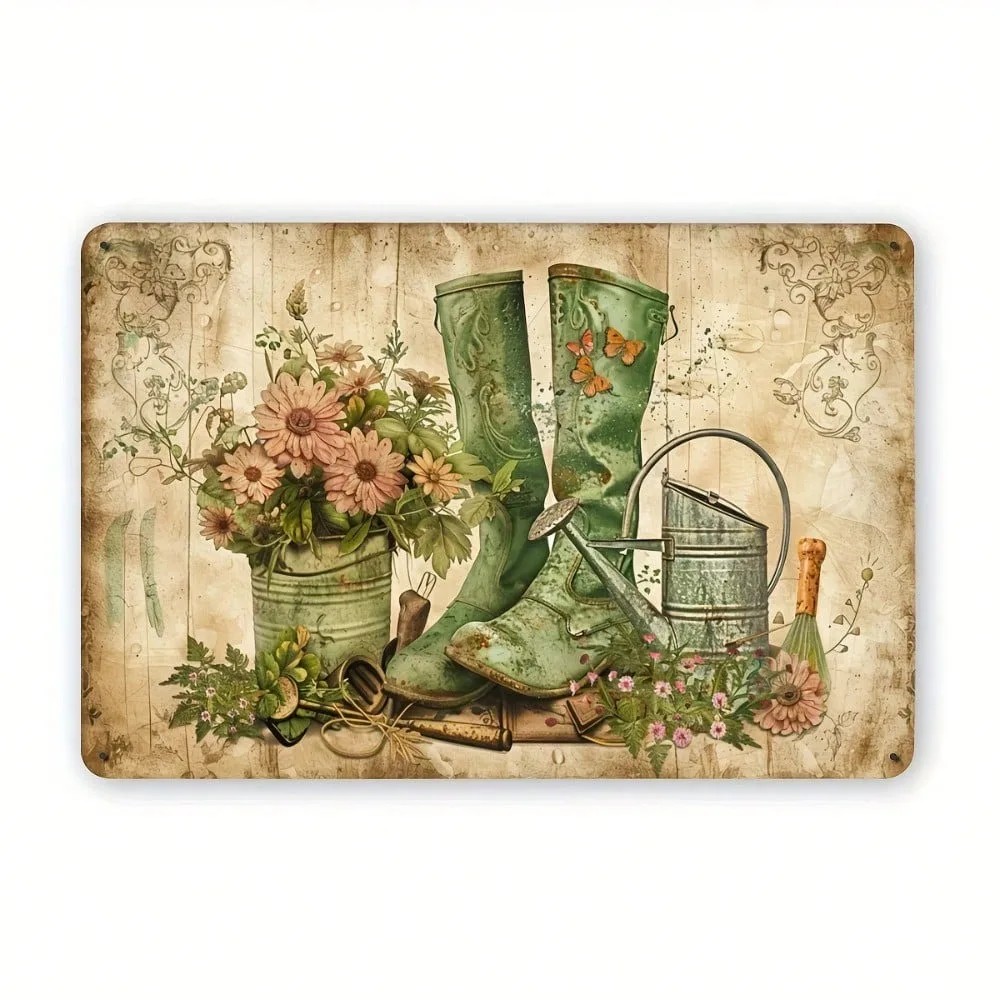 

Vintage Garden Tools Metal Wall Art Sign 12x8 Inch Rustic Floral Tin Decor