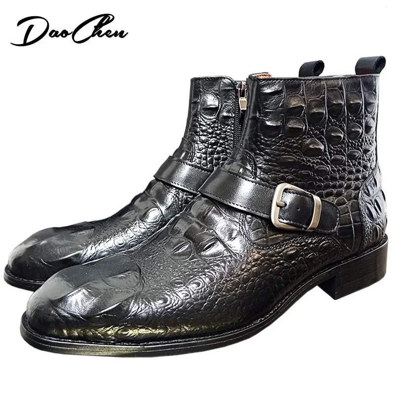 Luxury Men Ankle Boots Shoes Black Burgundy Crocodile Printed Zip Chelsea Buckle Strap Leather Shoes Dress Boots For Men