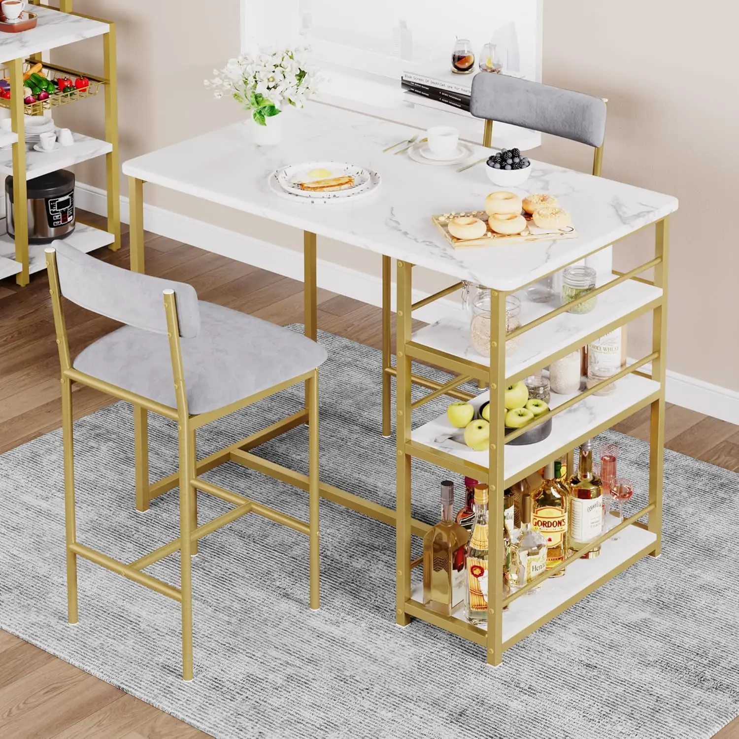 Counter height bar set with integrated side shelves