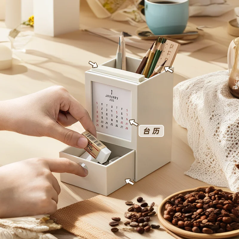 

2026 Desk Calendar, Pen Holder Storage Box Desktop Calendar Ornament