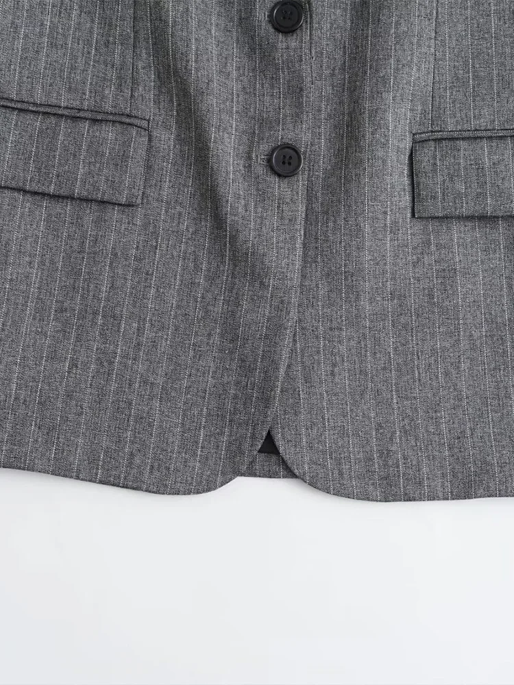 Women Fashion With Pockets Striped Single Breasted Blazer Vintage Notched Neck Long Sleeves Female Chic Lady Outfits