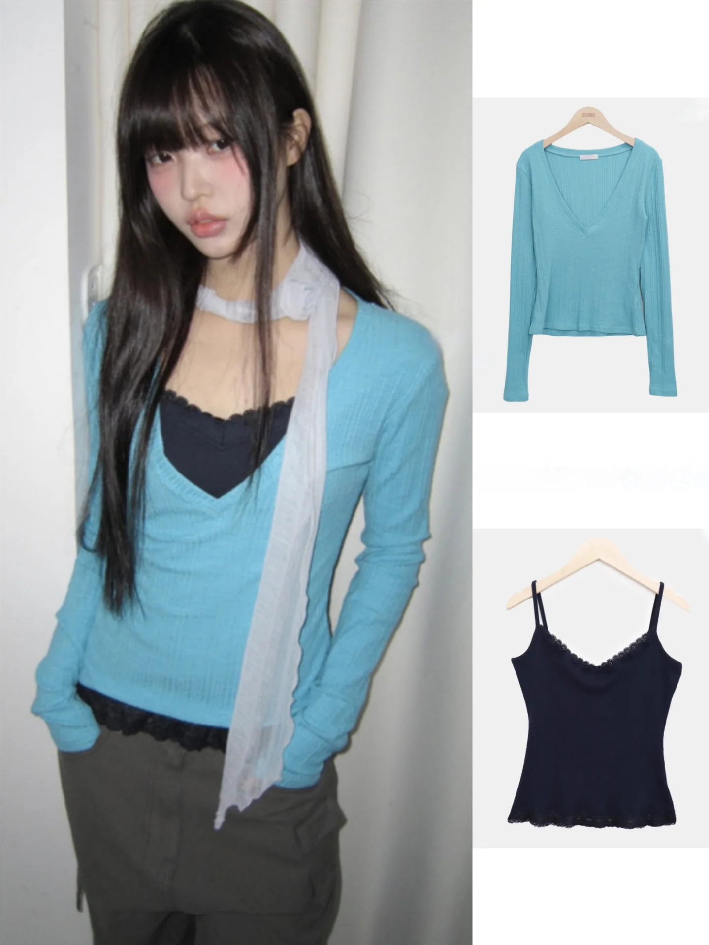 Korean Style Long Sleeve V-Neck T-Shirt Lace Trim Casual Top Bottom Two-Piece Set Slimming Effect Daily Wear for Ladies