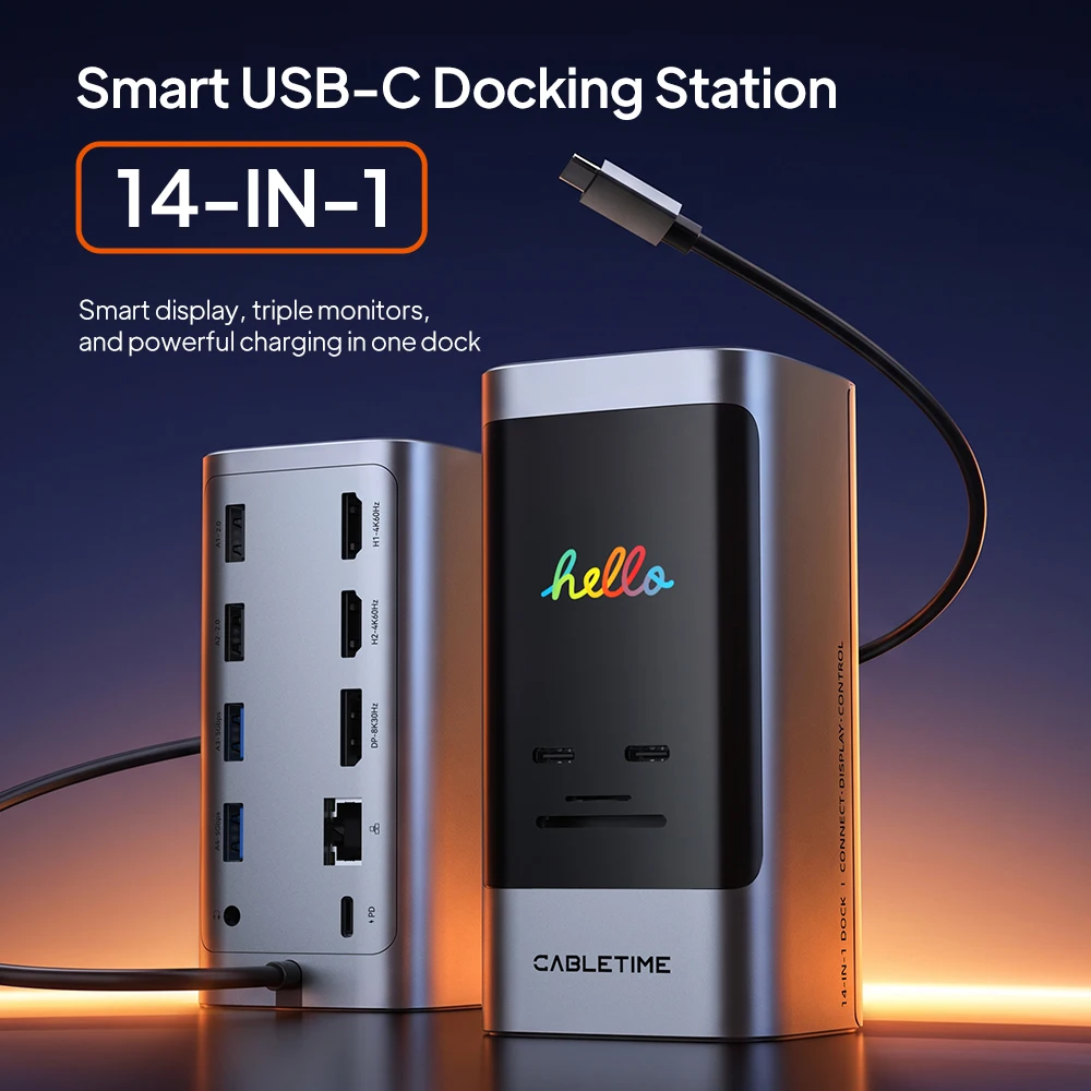CABLETIME USB C Dock Station 14 IN 1 Smart Display 8K@30Hz 1000Mbps RJ45 LAN Port SD/TF 3.0 for Laptop Macbook Pro USB C Dock