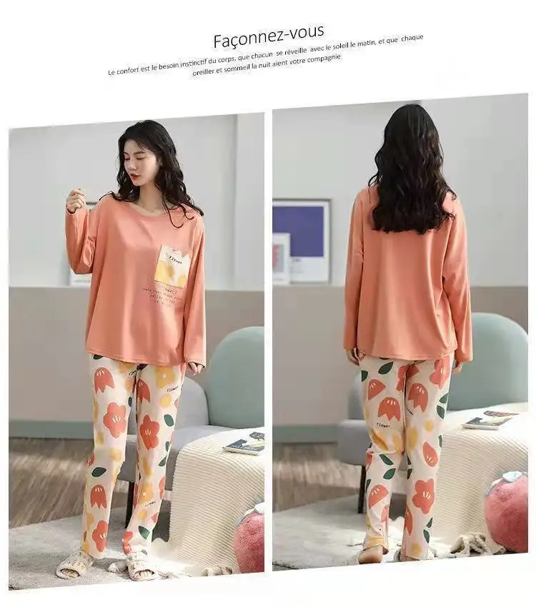 Damen Frühling/Herbst Pyjama: Langarm-Loungewear-Set für Mädchen, Übergröße, Schlicht, Locker Sitzend, Leichtes Pyjama-Set – Detail 3