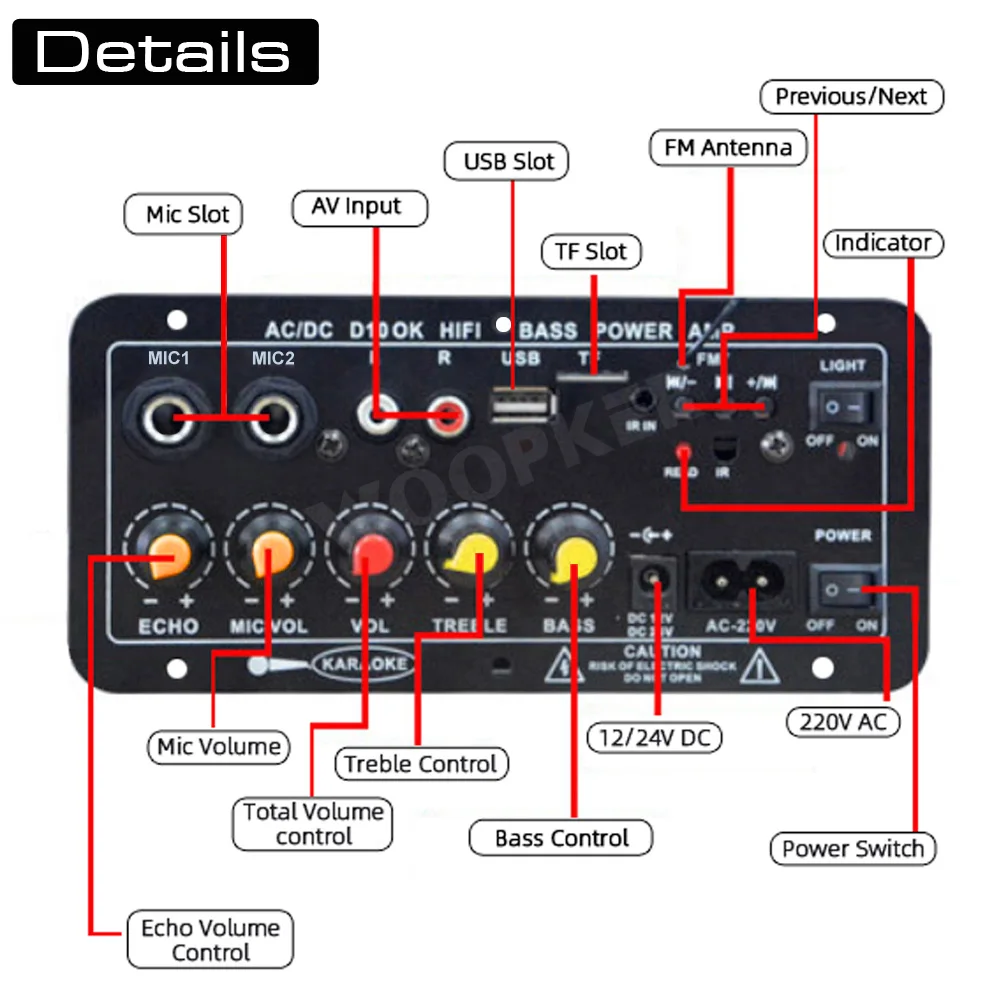 Woopker D10 Bluetooth Audio Amplifier Board for 4 ohms 8-12 inch Speaker 110/220V 120W Subwoofer Dual Microphone AMP Module