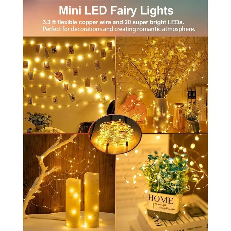 AB33-Fairy Lights Mini Lights Battery Operated 3.3Ft 20LED For Mason Jars Christmas, Warm White