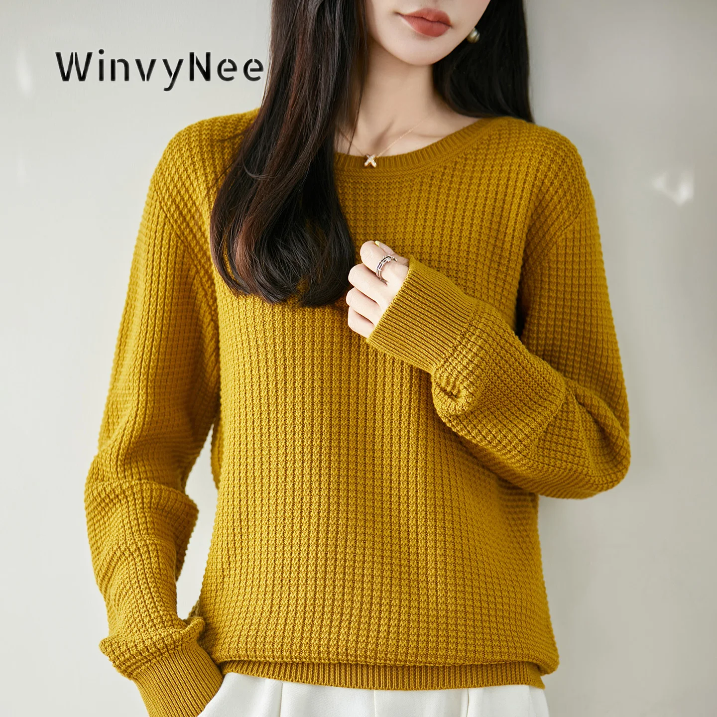 WinvyNee Women Ribbed Waffle Sweater 100% Cotton O Neck Drop Shoulder Comfort Fit Weekend Wear Modern Basic Casual Top ZA1092060