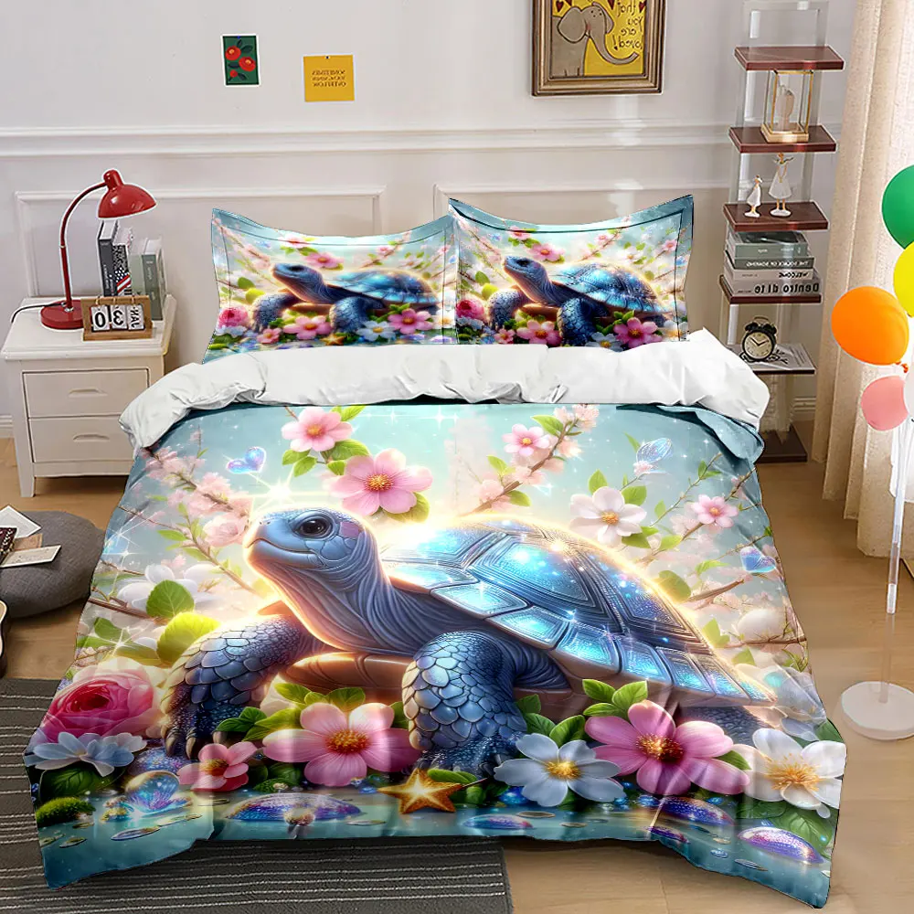 Shimmering Turtle in Dreamy Blossom Sea Bedding Set for Kids Luxury Gift 3pcs Digital Print Comforter Set Soft Comfortable