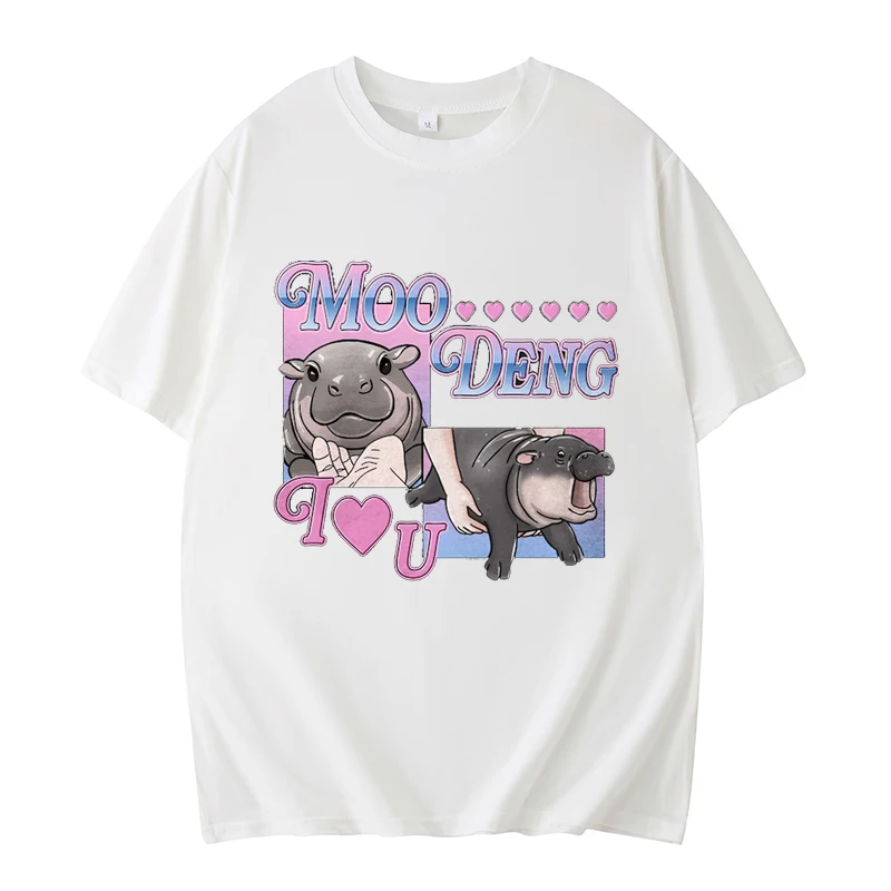 Thai Hippo I Love You Cute Moo Deng Short Sleeve Retro Cartoon Text Style Tops Funny Gifts For Friends