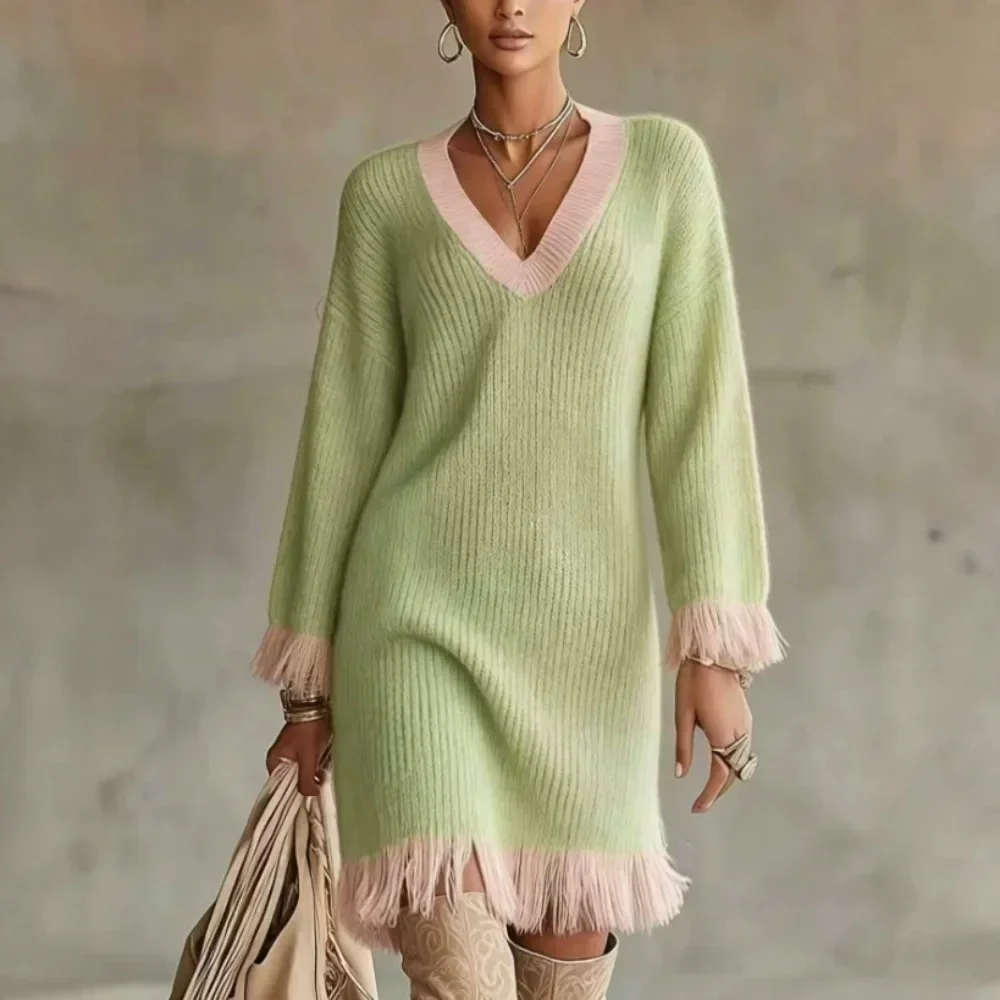 Elegant Loose V Neck Tassel Knit Dress Women Autumn Winter Contrast Color Long Sleeve Midi Dress