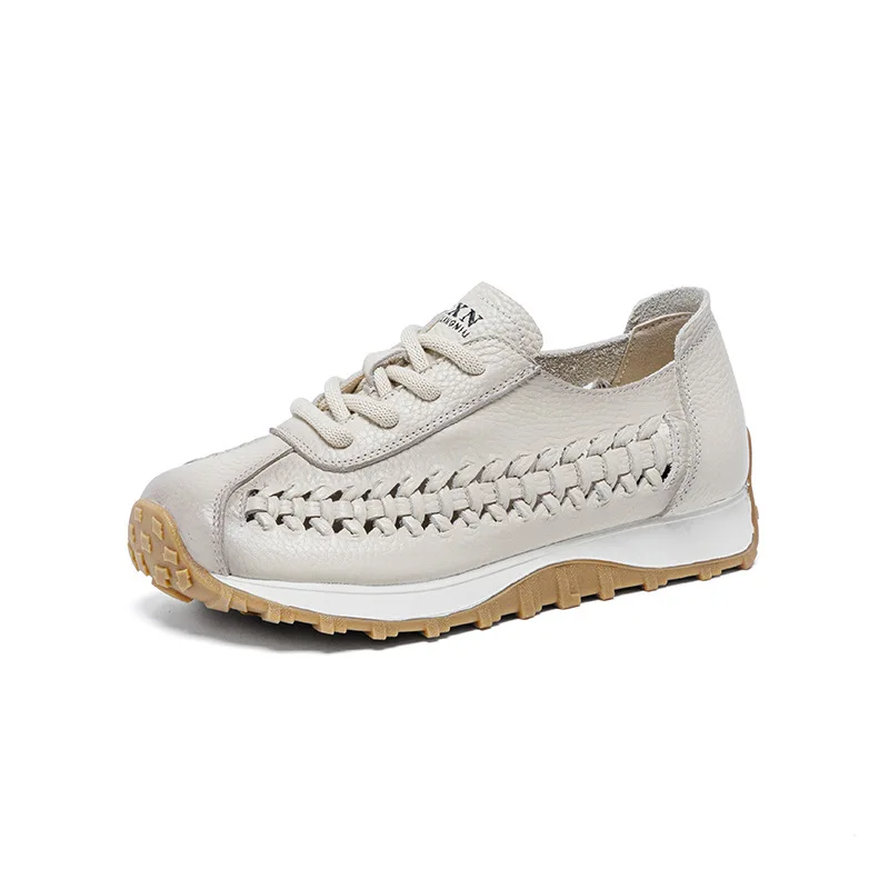 Women Casual Sneakers Summer Weave Genuine Cow Leather Hollow Out Breathable Lace-Up Thick Sole Shoes Zapatillas Mujer