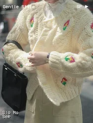 Handmade Chunky Embroidered Flowers Knitted Cardigan 2024 Women's Winter Knitwear