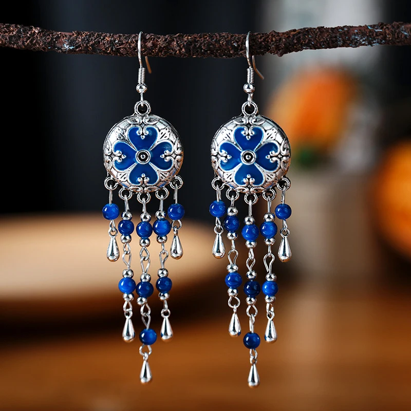 Vintage Ethnic Style Metal Tassel Water Drop Earrings for Women Round Drop Glaze Crystal Beads Handmade Earring Female Jewelry