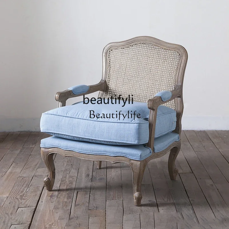 

ls 35 French Retro Solid Wood Single-Seat Sofa Chair Balcony Bedroom Leisure Chair Wingback Chair Negotiation Tea