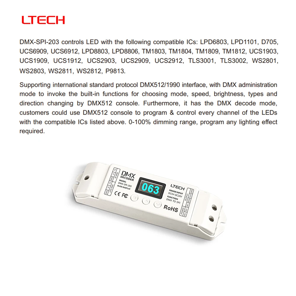 LTECH DMX-SPI-203 DC5-24V DMX512/1990 2.4GHzRF SPI(TTL) 1024 Pixels IC Decoder Controller For RGBIC WS2811 WS2812B LED Strip