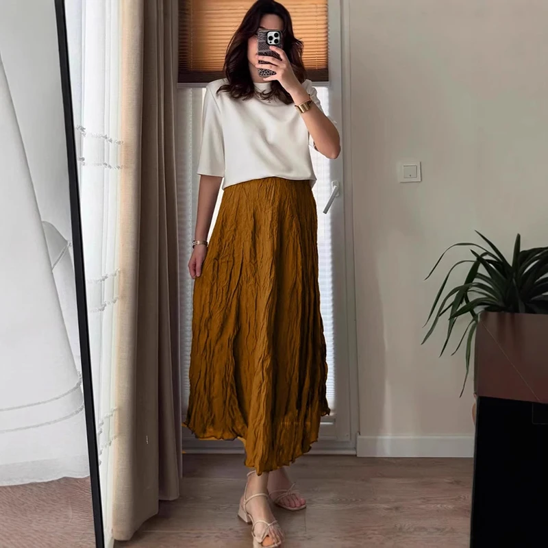 Amerikanischen Retro Lange Plissee Röcke für Frauen Frühling Herbst Dünne Elegante Maxi Rock Frau Mode Street Party Casual Midi Röcke