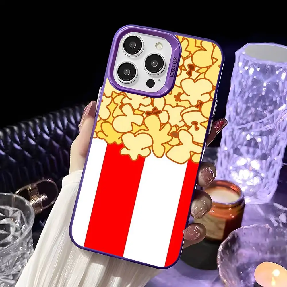 Funny Popcorn Cute Phone Case For iPhone 16 15 14 13 12 11 Pro Max White Purple Matte Laser Metallic Aurora Funda