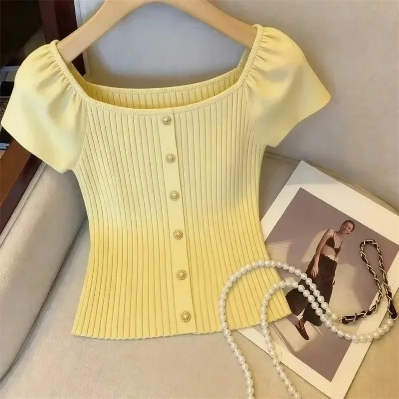 Damen High-End Pullover mit eckigem Ausschnitt, amerikanischer Freizeit-Strickpullover für Damen, locker sitzendes T-Shirt, Sommer, halbärmeliger, dünner Strickpullover