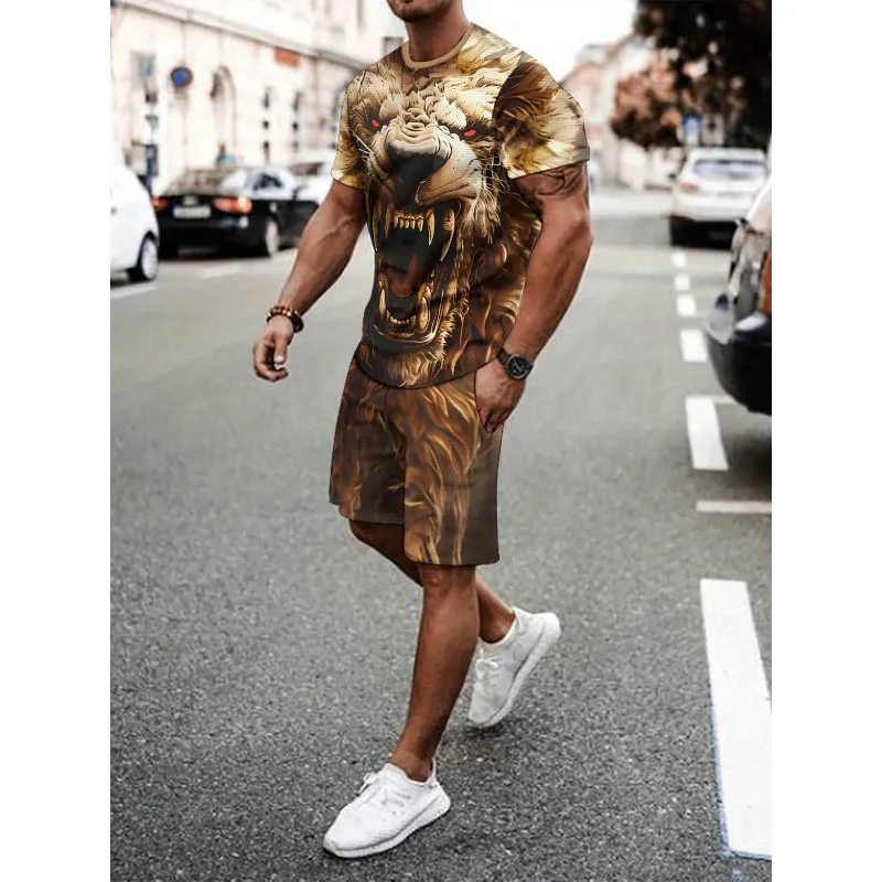 2025 Summer Fashion Men's Round Neck Short Sleeved T-shirt and Shorts 2-piece Set 3D Printed Sports Polyester Fiber Set