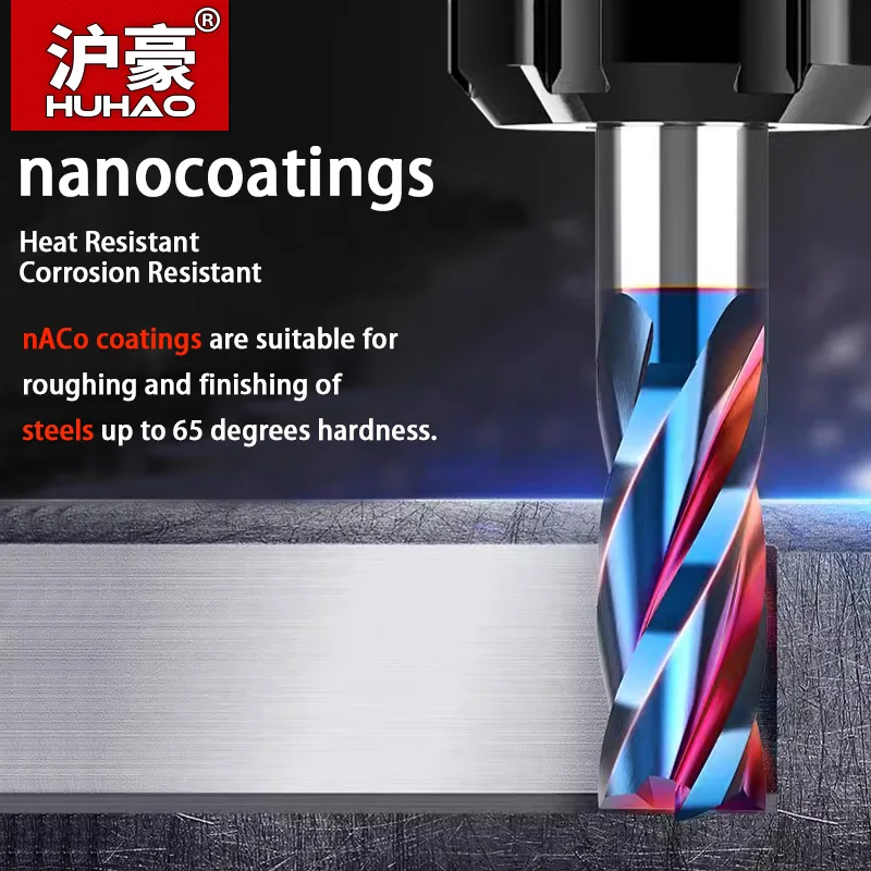 HUHAO Milling Cutter 8mm Metal Aluminum CNC Machining Tools 4 Teeth Carbide Stainless End Mill HRC65 Nano Coating Endmills