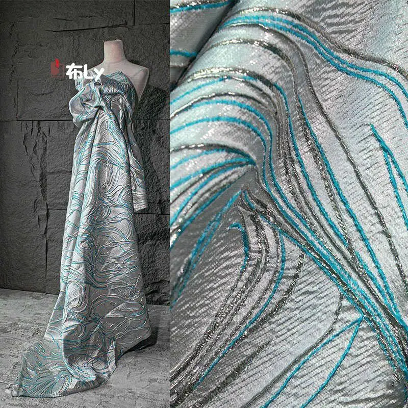 Blue Streamline 3D Double-sided Jacquard Fabric, Shiny Texture for Skirt, Designer Clothing Material