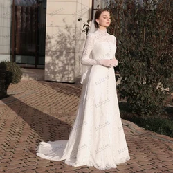 Exquisitos Vestidos De Novia De lujo con Apliques De encaje, túnicas modestas, mangas completas, cuello alto, Vintage, 2024