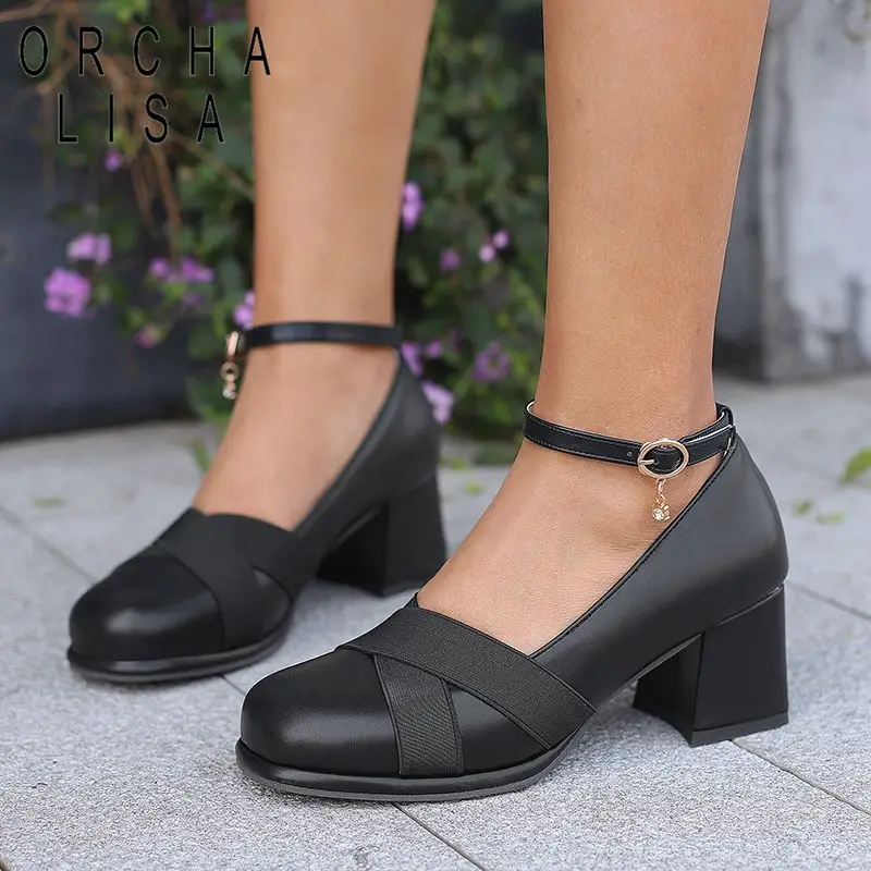 ORCHA LISA Women Pumps Round Toe Chunky Heels Ankel Buckle Strap Shallow Mixed Color Plus Size 43 Casual Daily Mary Jane Shoes