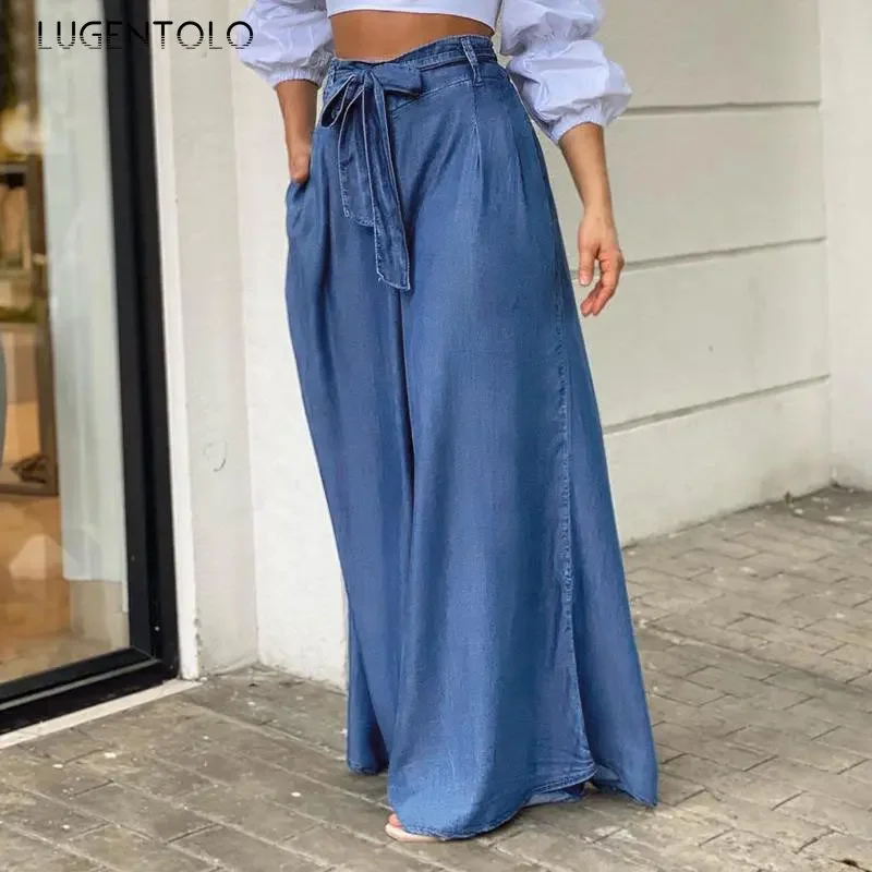 Elegant High Waist Jeans Women Denim Summer Wide-leg Pants Lace-up Solid Female Lage Size Street Casual Trousers Clothing