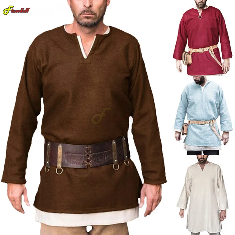 Adult Men Medieval Shirts Viking Cosplay Tops Long Sleeve Cotton Warrior Pirate Costume Men Shirt Tunic Stage Costumes Hombre