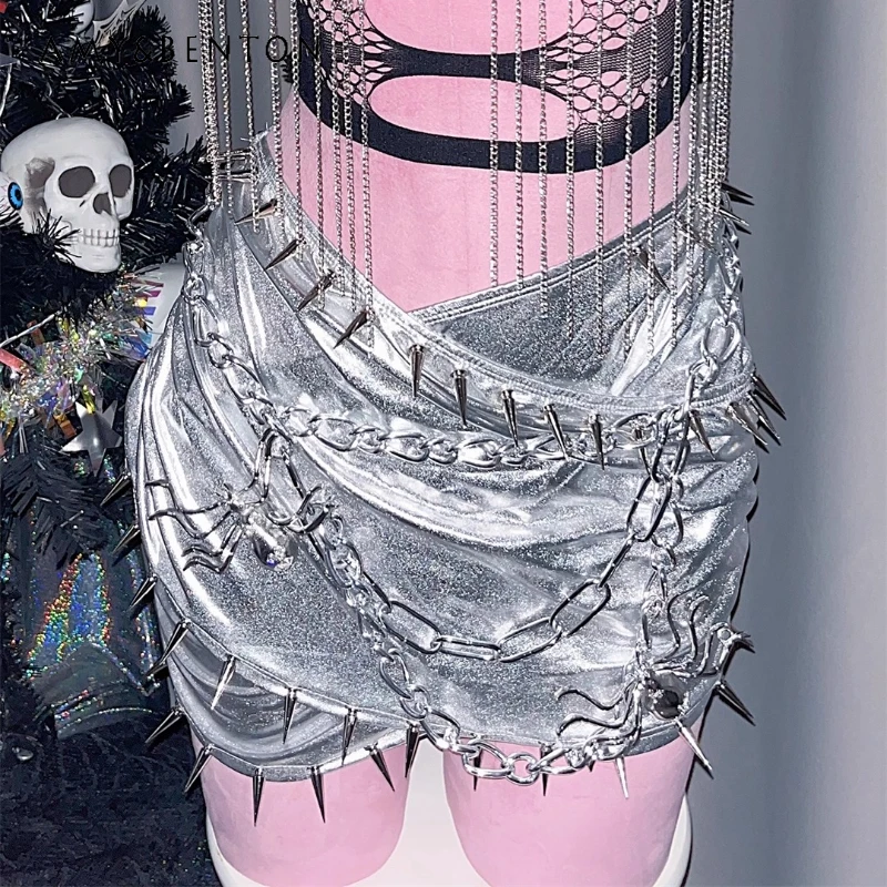 

Original Design Silver Y2K Hot Girl Rivet Irregular Women's Bodycon Skirt Punk Autumn New Sexy Sweetn Cool Short Skirts Ladies
