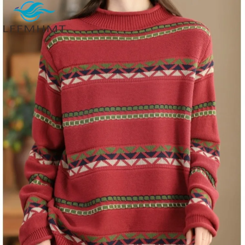 Women's Good Quality Sweater Spring Winter Fashion Striped Jacquard  Long Sleeve Half-turtleneck Loose Casual Pullover Knittwear