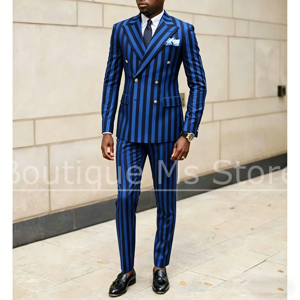 

Chic Men Striped 2 Piece Suit Double Breasted Peak Lapel Blazer and Pants Formal Business Wedding Casual Fashion Outfit