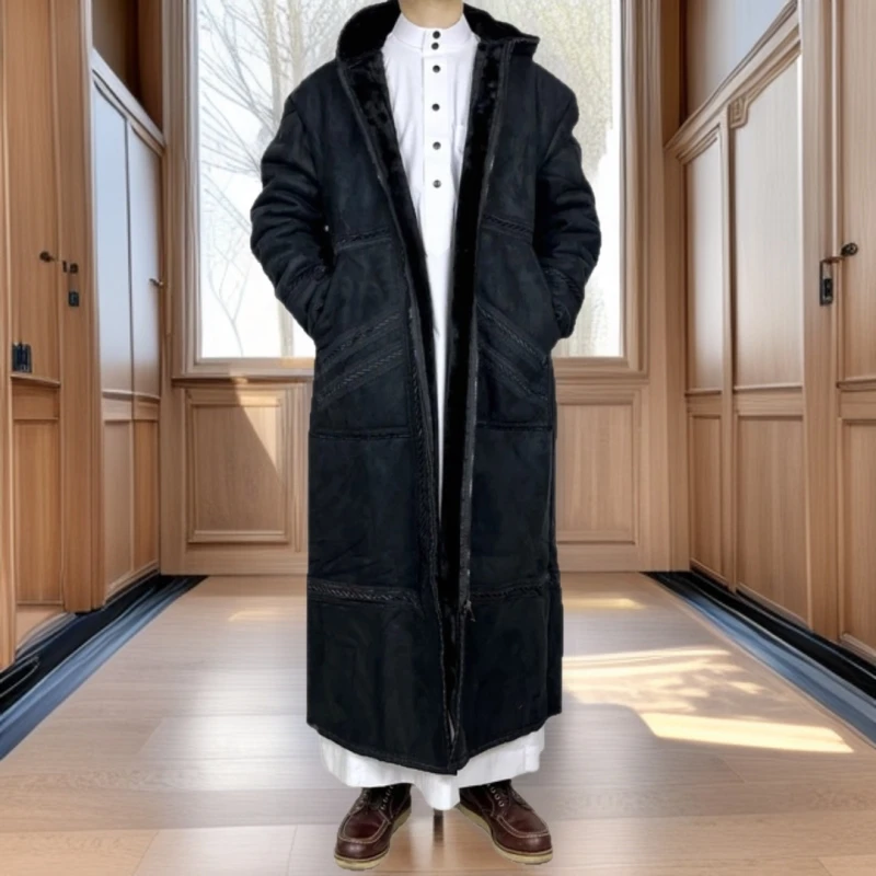 Men Faux Suede Thobe Hooded Cardigan Robe Thickened Pockets Muslim Warm Winter Islamic Arab Kaftan Eid Modest Prayer Jubba