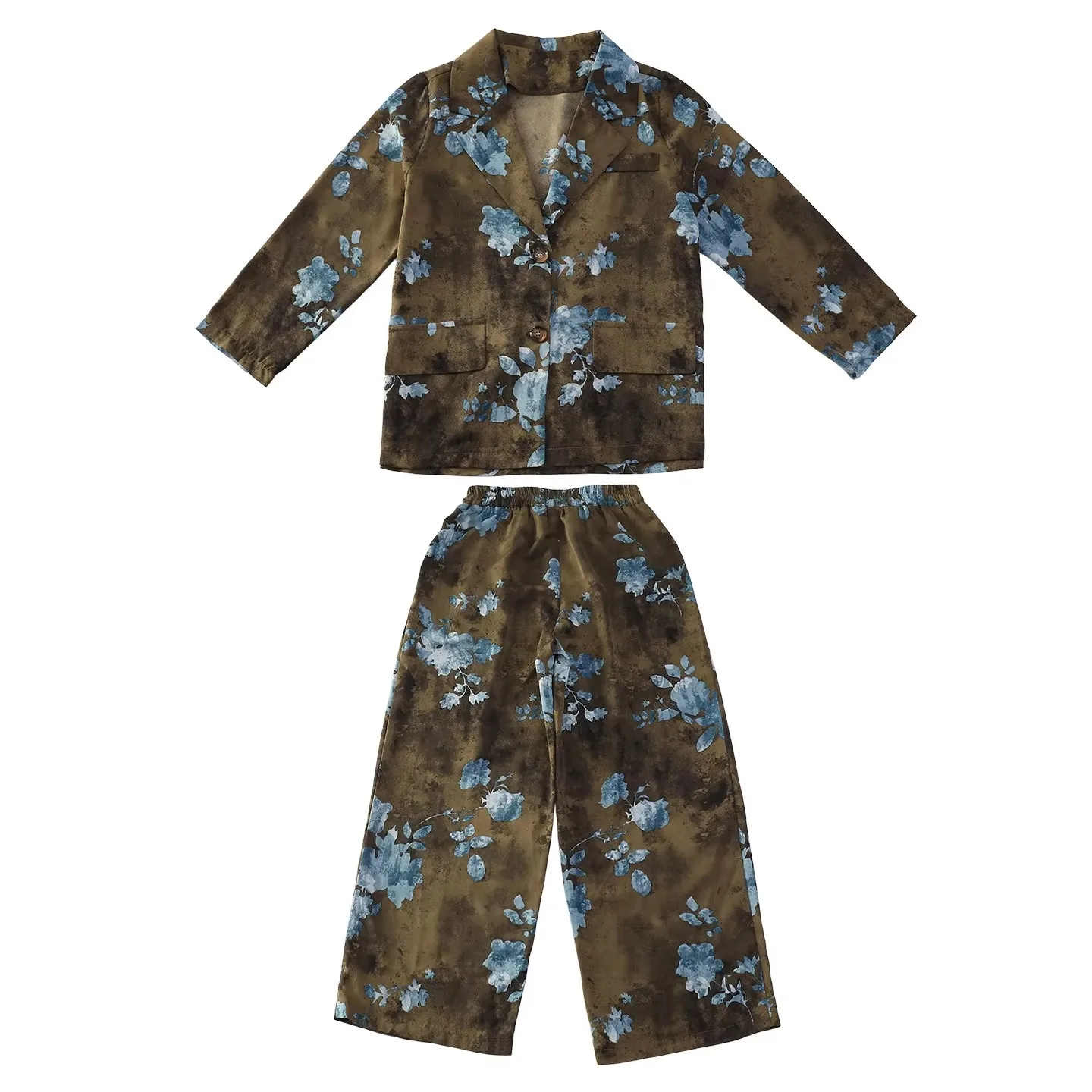 Stylish Girls Tie Dye Flower Print Blazer Suit Clothing Set Kids Children Street Jacket + Pants Fashion Formal Wedding Outfit