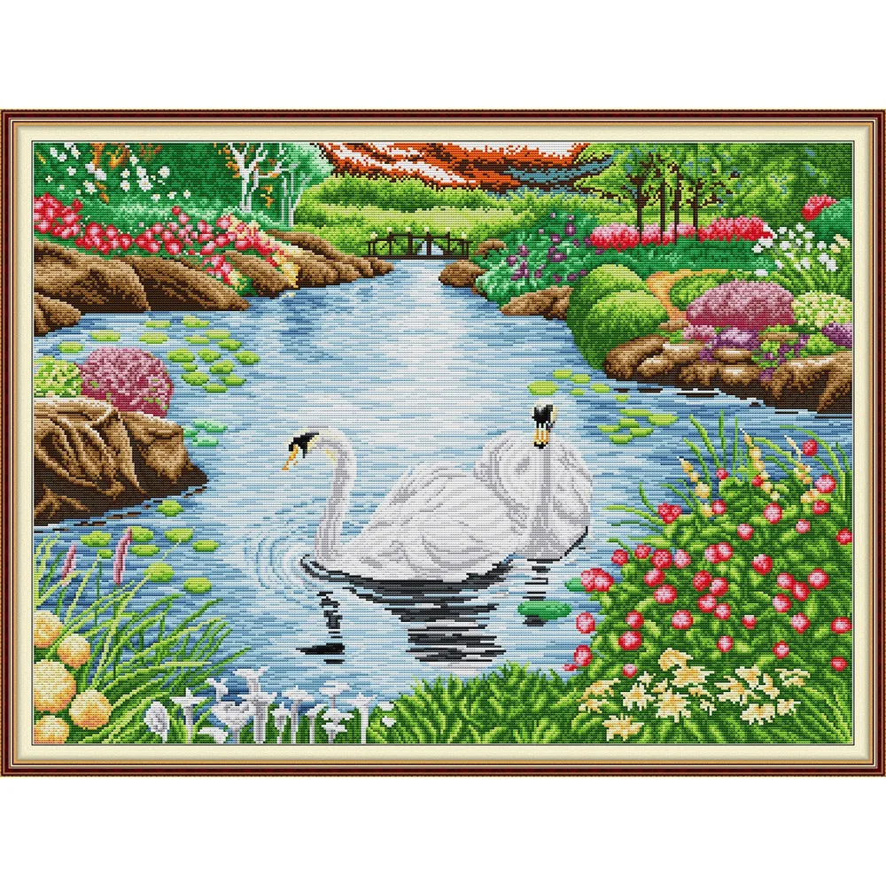 

Joy Sunday Pre-printed Cross Stitch Kit DIY Easy Pattern Aida Fabric Embroidery Set-Swan Lake 3
