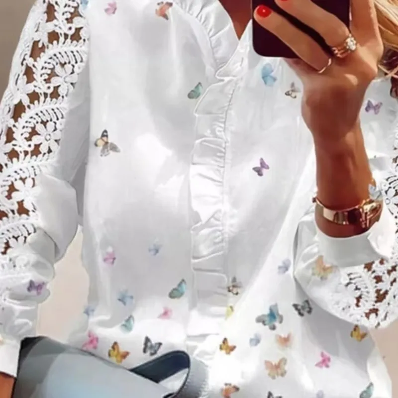 2025 New Elegant Women's Shirts Fashion Long Sleeve Butterfly Print White Lace Blouses Women Ruffled Hollow Out Blouse Female