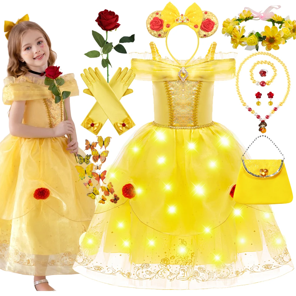 Belle LED Princess Cosplay Dress Movie Role Halloween Party Costume Rose Floral Christmas Ball Gowns Mesh Off Shoulder Clothes