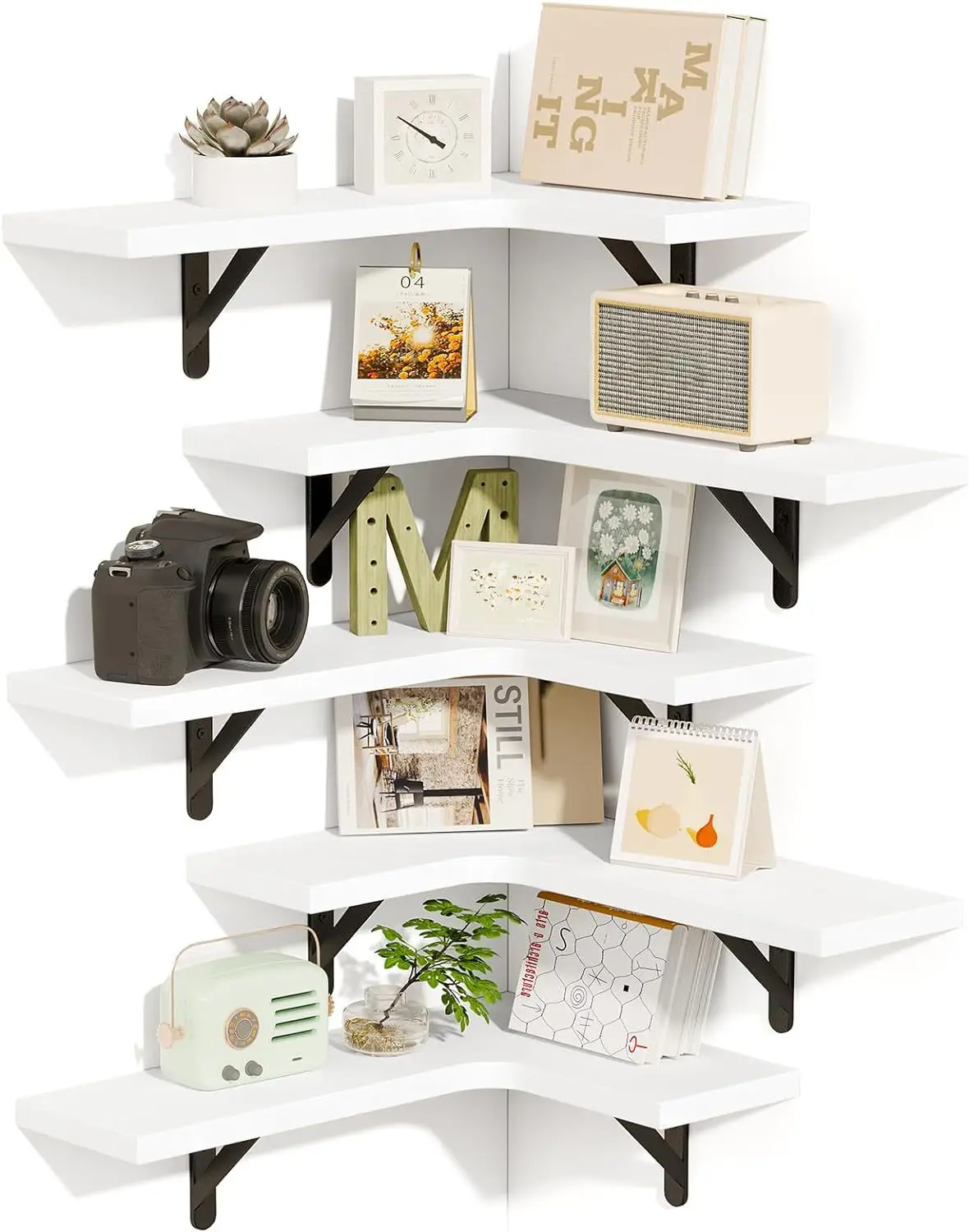 5 Tier Corner Floating Shelves, Wall Mounted Corner Shelf Set Of 5, Storage Display Wall Shelves For Home Decor, Bathroom, Kitchen, Bedroom, Living Room, Office