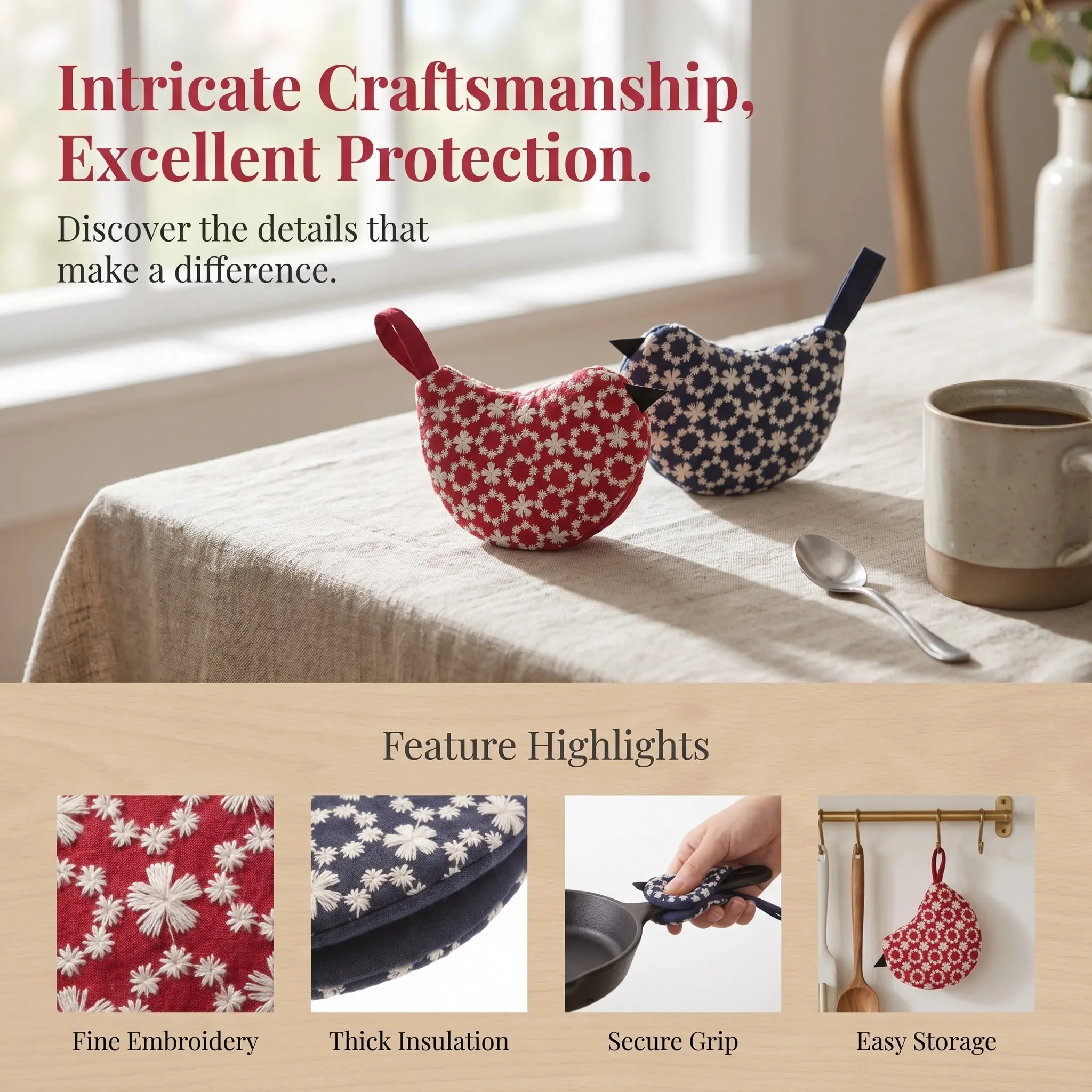 2pcs Bird-Shaped Heat-Resistant Pot Handle Covers, Reusable Embroidered Sleeve for Hot Pots, Skillets & Cast Iron Pans