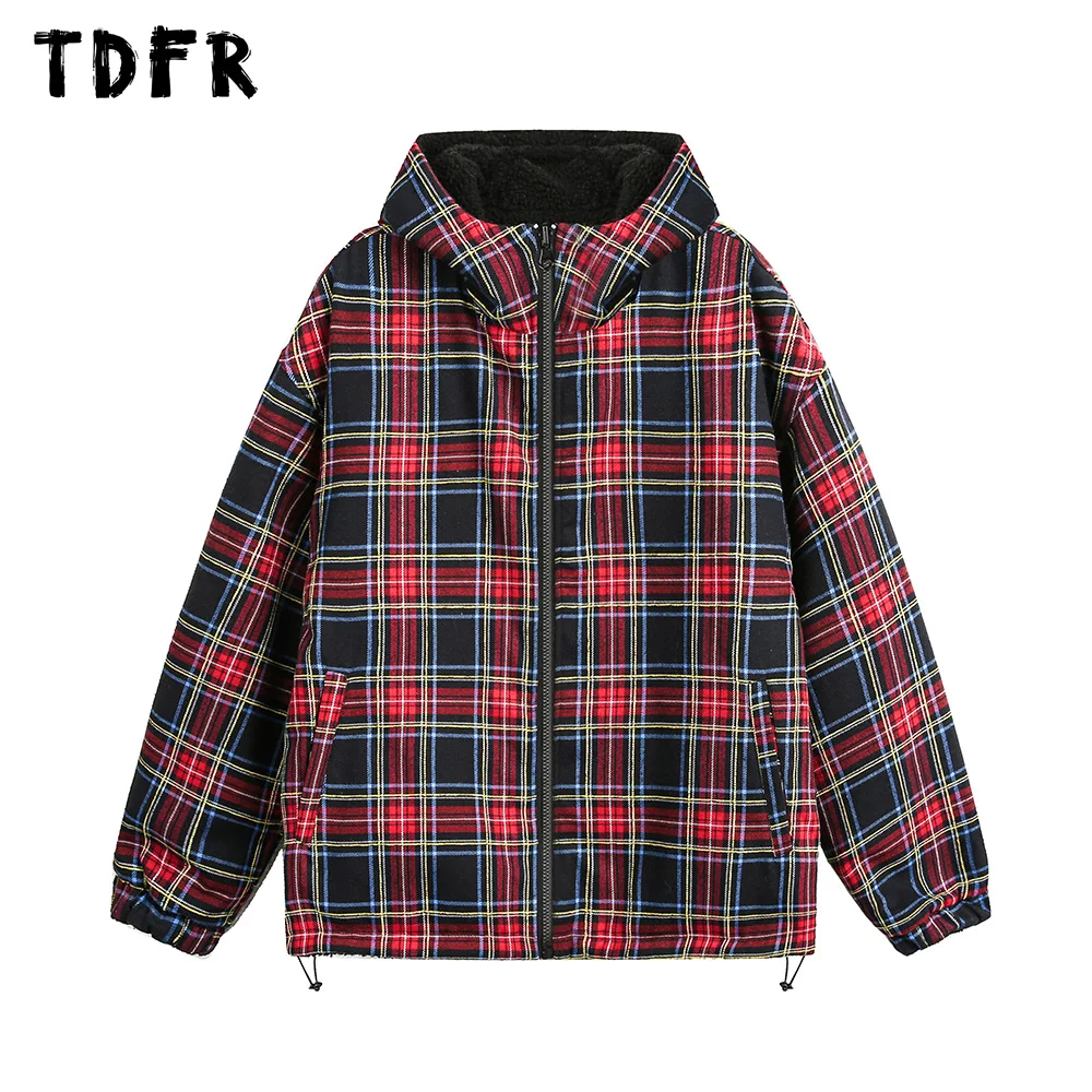 Double-sided Plaid Padded Jacket Mens Retro Streetwear Winter Loose Drawstring Hem Long Sleeve Hooded Thick Outerwear Men