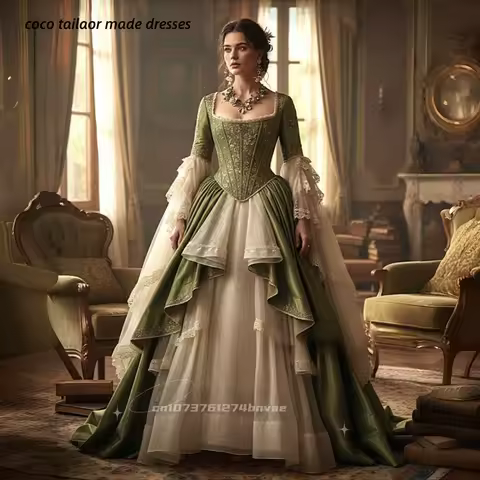 Historical Rococo Prom Dress Flare Sleeves Long Sage Vintage Victorian Evening Gowns Square Collar Princess Costume Customized