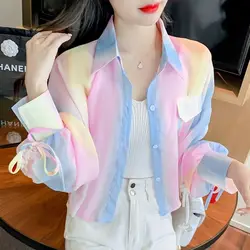 Blusa coreana holgada con botones y solapa para mujer, camisa elegante de Color con lazo, informal, para Primavera, novedad de 2024