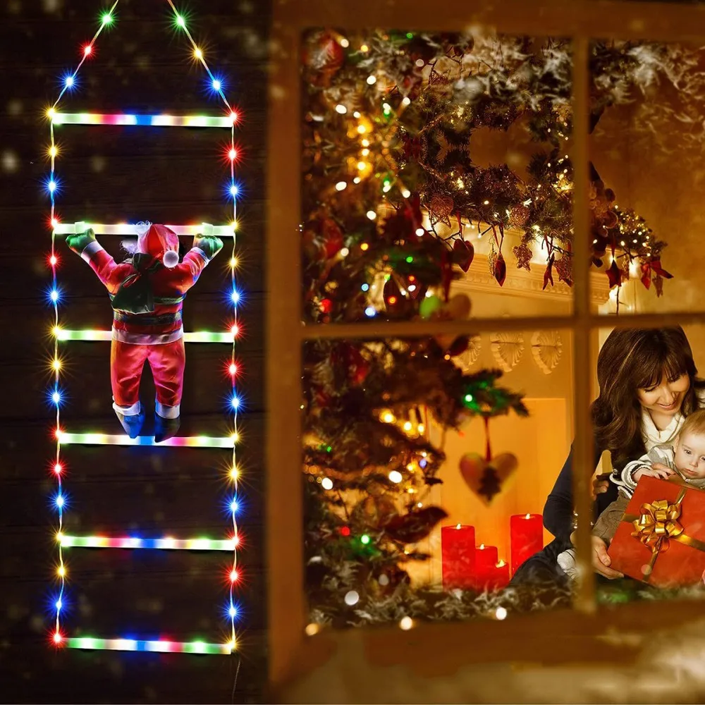 Christmas Santa Climbing Ladder Lights, LED Fairy String Lights with Santa Claus Doll for House Porch Wall Window Holiday Decor