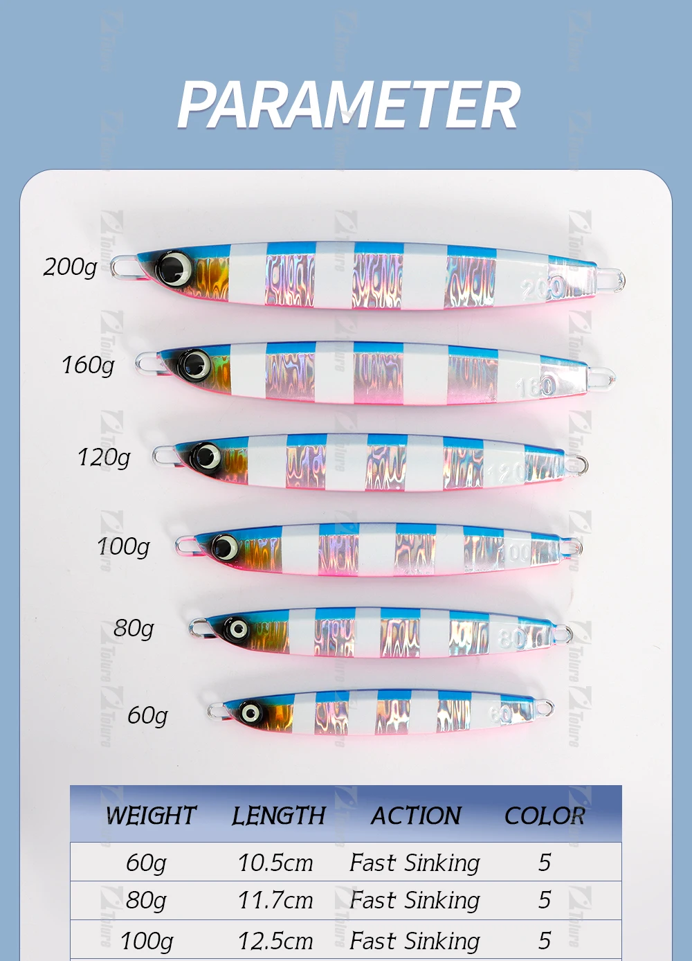 TOLU NEUE langsam sinkende Metall-Jig, 5 Farben, 3D-Augen, 60 g-200 g, langer Wurf, langsam sinkende Herbst-Jigs, Salzwasser-Tiefsee-Angelköder – Detail 2