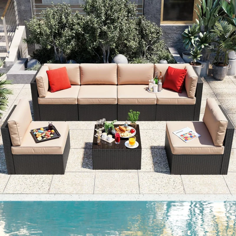 

-Piece Weather-Resistant PE Rattan Patio Set, Beige Sectional Conversation Sofa with Soft Cushions & Sturdy Glass Table